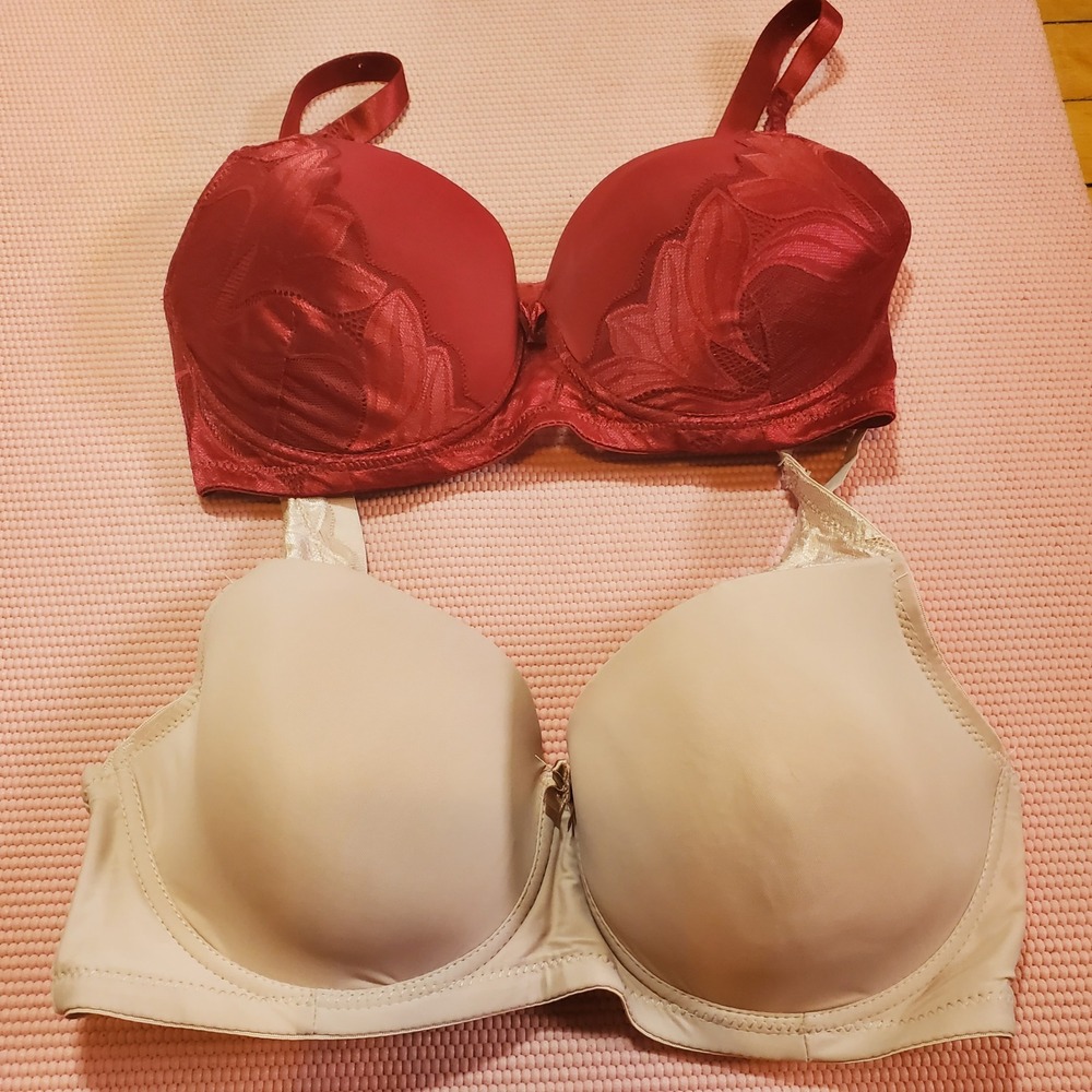 Felina Bra Set Of 2 Burgandy/Beige Underwire Deep Plunge Push Up 38D Feminine